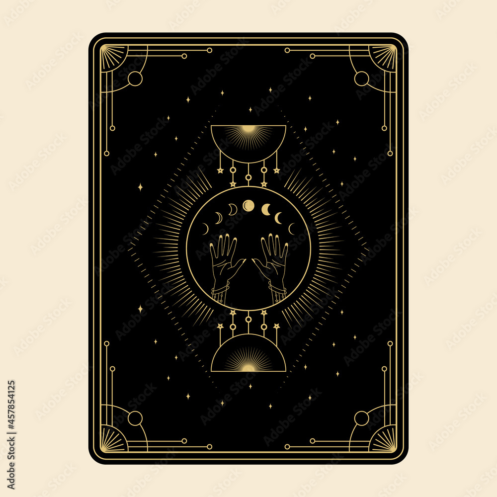 Celestial mystical tarot cards Elements of esoteric, occult, alchemical and witch symbols Zodiac signs Cards with esoteric symbols. Silhouette of hands, stars, moon and crystals spiritual vector