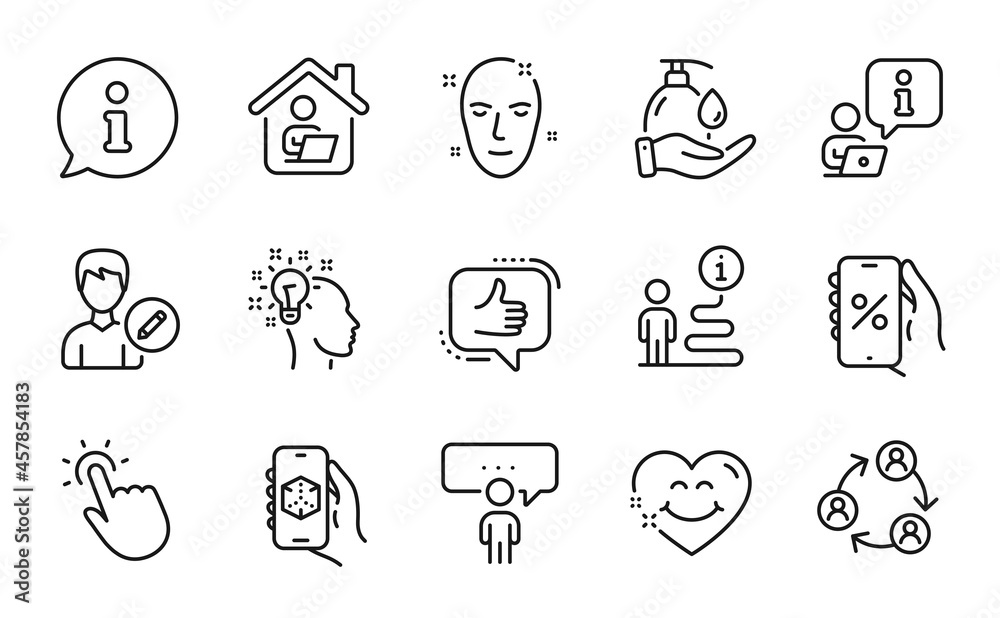 People icons set. Included icon as Work home, Health skin, Edit person signs. Smile face, Idea, Touchpoint symbols. Discounts app, Consulting business, Like. Teamwork, Wash hands, 3d app. Vector People icons set. Included icon as Work home, Health skin, Edit person signs. Smile face, Idea, Touchpoint symbols. Discounts app, Consulting business, Like. Teamwork, Wash hands, 3d app. Vector