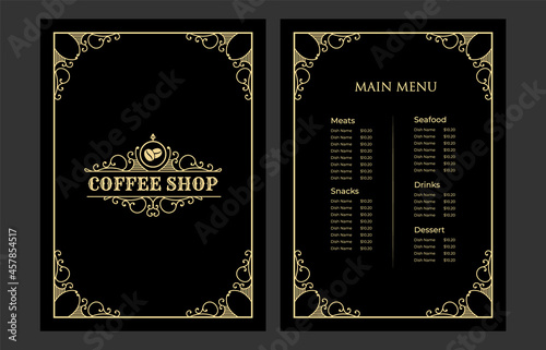 Luxury vintage bakery shop food menu card template ornamental black and golden with emblem logo for hotel cafe bar coffee shop vector print ready