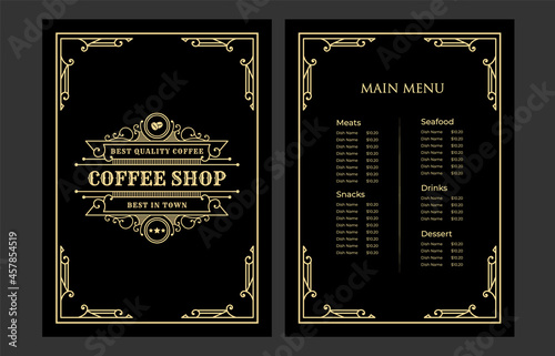 Luxury vintage bakery shop food menu card template ornamental black and golden with emblem logo for hotel cafe bar coffee shop vector print ready