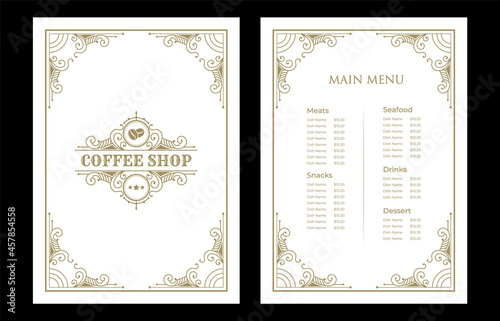 Luxury vintage bakery shop food menu card template ornamental black and golden with emblem logo for hotel cafe bar coffee shop vector print ready