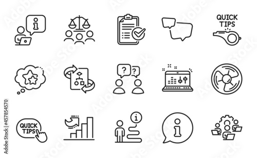 Education icons set. Included icon as Technical algorithm  Teamwork  Survey checklist signs. Growth chart  Sound check  Tutorials symbols. Quick tips  Teamwork questions  Air fan. Vector