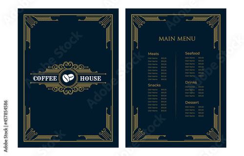 Luxury vintage bakery shop food menu card template ornamental black and golden with emblem logo for hotel cafe bar coffee shop vector print ready