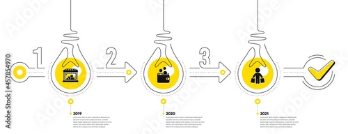 Trade Infographic timeline with 3 steps. Shopping process diagram with Trade store, Money bag, Shopper with purchases icons. Timeline infograph diagram. Lightbulb journey path infographics. Vector