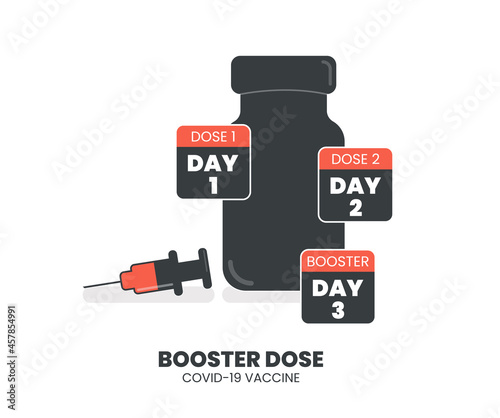 Booster injection to increase immunity or COVID-19 vaccine booster dose concept. Third booster shots vaccine after primer dose. Illustrator vector of Vaccine bottle, syringe, needle and calendar.