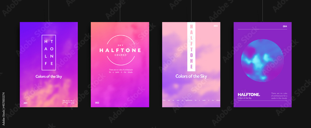 Trendy colorful poster set. Halftone sky background and abstract geometric shapes. Modern creative vector cover templates