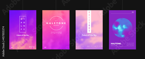 Trendy colorful poster set. Halftone sky background and abstract geometric shapes. Modern creative vector cover templates © WhataWin
