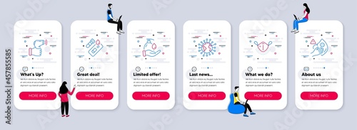 Vector Set of Medical icons related to Electronic thermometer, Covid test and Coronavirus icons. UI phone app screens with teamwork. Medical mask, Wash hands and Dirty mask line symbols. Vector