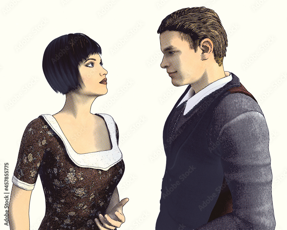 Couple standing together looking into each other's eyes, in love, Comic romantic novel illustration Couple standing together looking into each other's eyes, in love, Comic romantic novel illustration