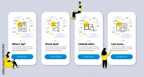 Vector Set of Business icons related to Search employee, Exit and Search book icons. UI phone app screens with people. Seo gear line symbols. Questions for candidate, Escape, Online education. Vector