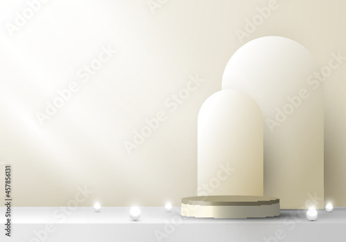3D stage beige color podium pedestal and rounded backdrop with neon light minimal scene