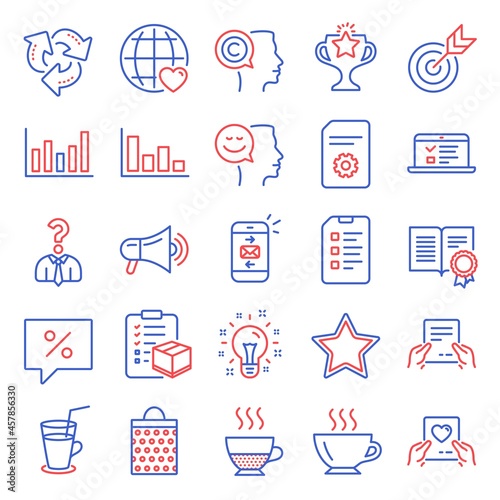Line icons set. Included icon as Web lectures, Shopping bag, File settings signs. Doppio, International love, Good mood symbols. Victory, Discount message, Diploma. Target, Star, Recycle. Vector