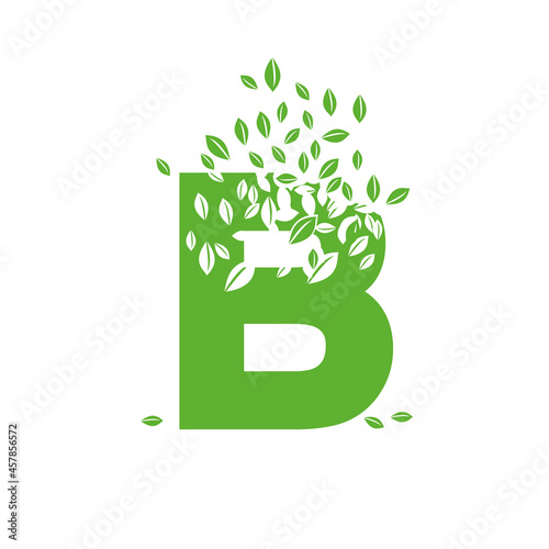 The letter B dissolves into a cloud of leaves