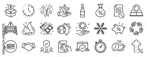 Set of Business icons  such as Wrong file  Time  Handshake icons. Sun energy  Laptop insurance  Increasing percent signs. Work home  Loan  Hot sale. Beer bottle  Snowflake  Post package. Vector