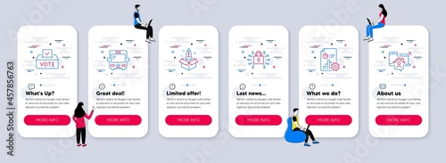 Vector Set of Technology icons related to Security lock, Startup and Report icons. UI phone app screens with teamwork. Vote box, Bus and Work home line symbols. Vector