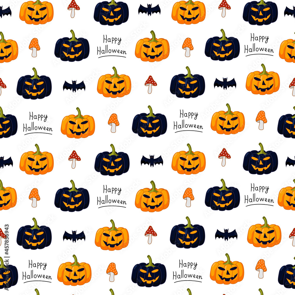 Halloween holiday seamless texture background with pumpkins, fly agarics, bats and inscriptions.