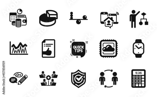 Vector set of Keywords, Work home and Confirmed icons simple set. Investment, Pie chart and Approved document icons. Balance, Budget accounting and Cloud computing signs. Vector