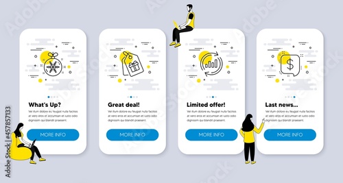 Vector Set of line icons related to Christmas ball, Coupons and Update data icons. UI phone app screens with people. Payment message line symbols. Snowflake, Shopping tags, Sales chart. Vector