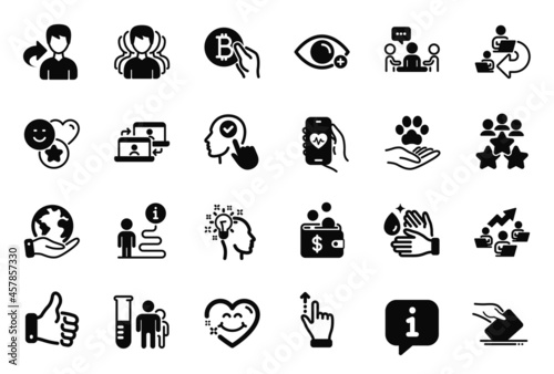 Vector Set of People icons related to Business meeting, Outsource work and Pets care icons. Like hand, Select user and Touchscreen gesture signs. Share, Save planet and Idea. Bitcoin pay. Vector