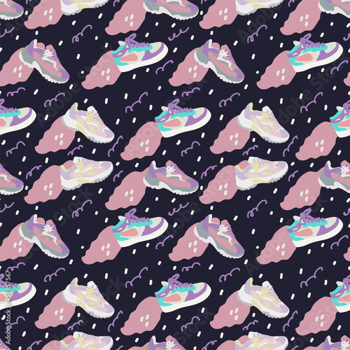 Background with sneakers. A pattern for sportswear or textiles. A substrate for sports design. Vector illustration