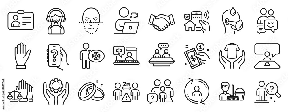 Set of People icons, such as Cleaning service, Social distance, Hold t-shirt icons. Communication, Wedding rings, House security signs. Sick man, Interview job, Employee hand. User info. Vector Set of People icons, such as Cleaning service, Social distance, Hold t-shirt icons. Communication, Wedding rings, House security signs. Sick man, Interview job, Employee hand. User info. Vector