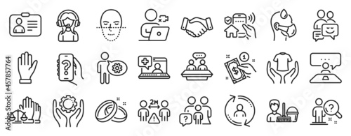 Set of People icons  such as Cleaning service  Social distance  Hold t-shirt icons. Communication  Wedding rings  House security signs. Sick man  Interview job  Employee hand. User info. Vector