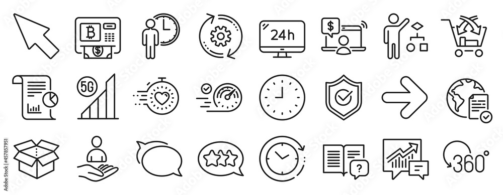 Set of Technology icons, such as Stars, Cross sell, Approved shield icons. Waiting, Online shopping, Accounting signs. Online voting, Timer, 5g wifi. Full rotation, Report, Time change. Vector