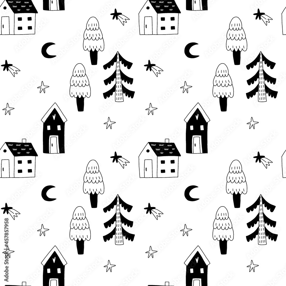 Cozy home seamless pattern. Cute little forest houses in night, moon and cloud, hand drawn doodle scandinavian style, woodland decor textile, wrapping paper wallpaper vector print or fabric Cozy home seamless pattern. Cute little forest houses in night, moon and cloud, hand drawn doodle scandinavian style, woodland decor textile, wrapping paper wallpaper vector print or fabric