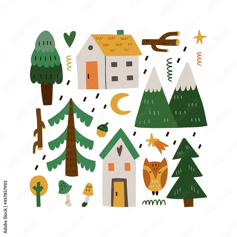 Forest home. Cute little forest houses, eve tree mountains and mushrooms , hand drawn doodle scandinavian style, square print for t-shirt and nursery, card and poster, vector isolated illustration