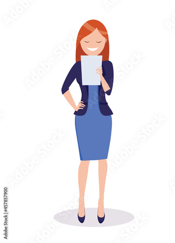 A woman studies a document. The concept of business analysis, audit, professional verification of documentation. Vector illustration.