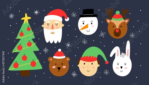 Xmas banner. Cute christmas portraits, Santa Claus and snowman, Rudolph deer and elf, winter bear and rabbit, funny characters decor faces, postcard, print or poster vector cartoon elements