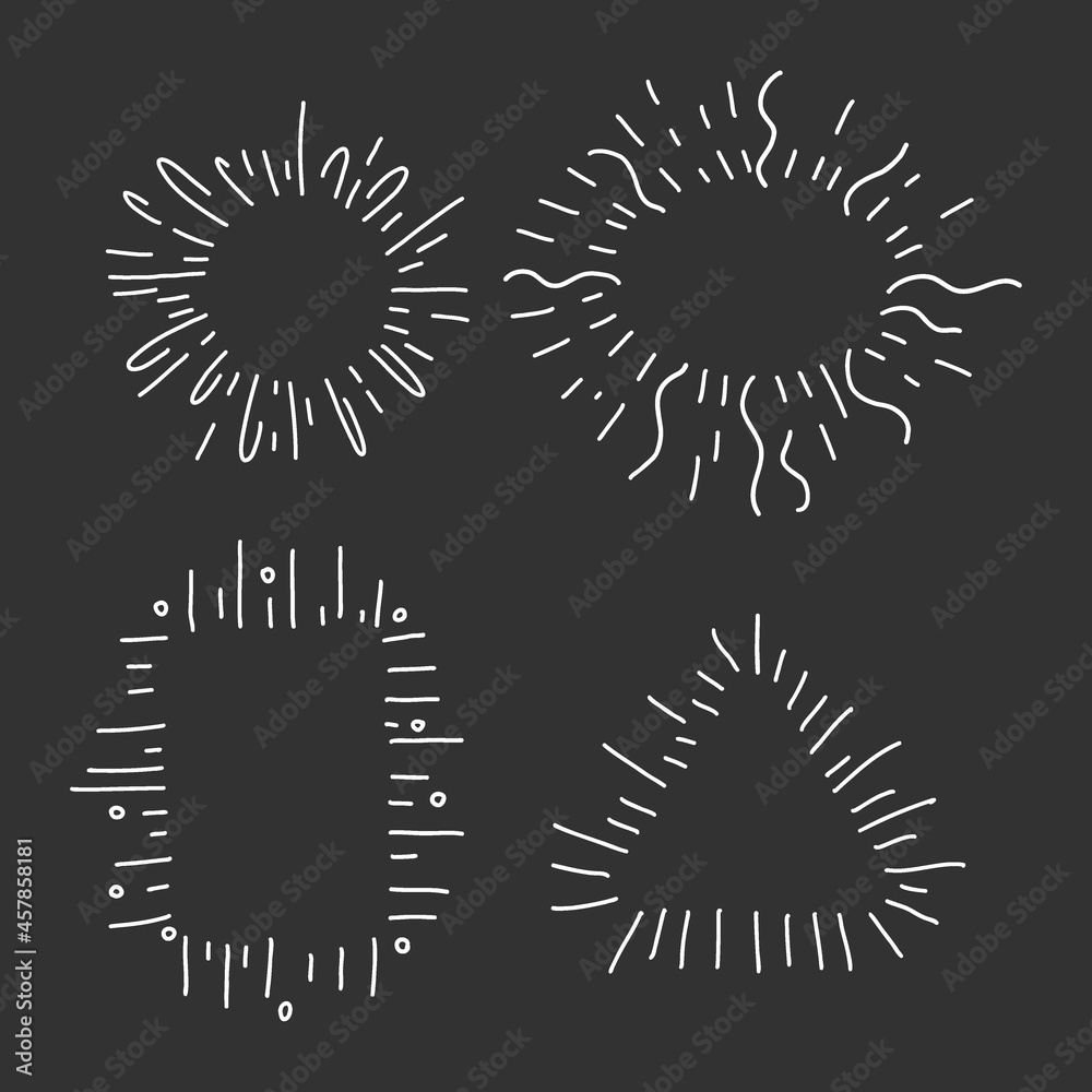Fototapeta premium Hand drawn decorative starburst frame set. Outline shining star with geometric frames and copy space. Minimal explosion firework. Contour line sketch radial sunbeams. Vector isolated template