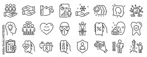 Set of People icons, such as Blood donation, Voting ballot, Eye checklist icons. Dental insurance, Info app, Teamwork signs. Best buyers, Medical mask, Business report. Face cream, Head. Vector