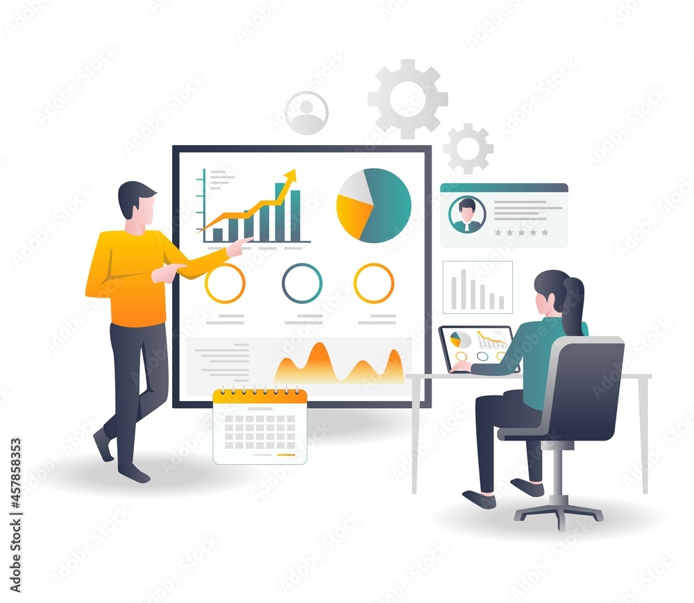 A business investment consultant is directing an audience A business investment consultant is directing an audience