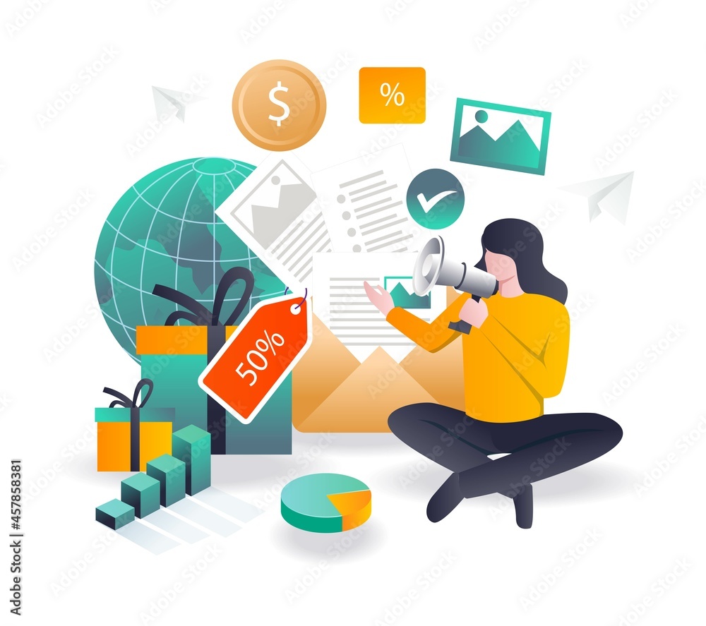 A girl is promoting at a discount in isometric illustration