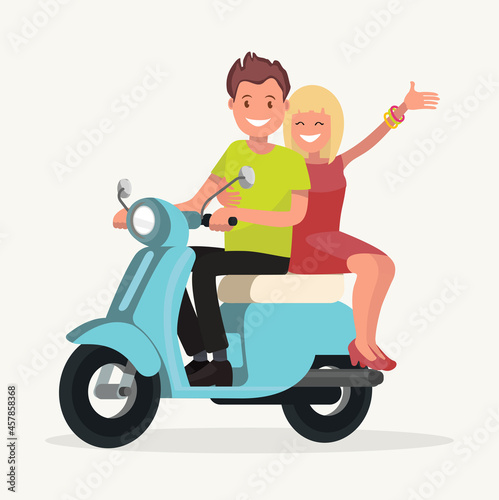 Guy with a girl riding on a motorcycle. Vector illustration