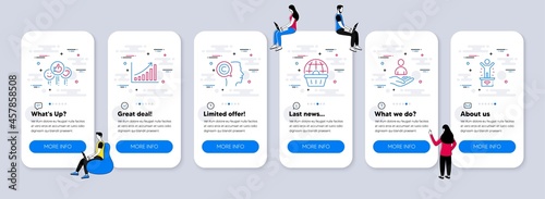 Business icons set. UI phone app screens with teamwork. Included icon as Recruitment, Like, Writer signs. Online shopping, Graph chart, Winner podium line icons. Vector