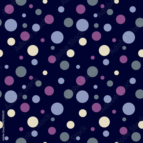 Seamless pattern of polka dots of different sizes in the cool colors; fun arrangement of dot pattern
