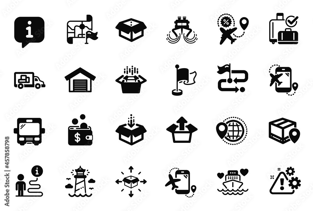 Vector Set of Transportation icons related to Parking garage, Parcel tracking and Flag icons. Flight destination, Lighthouse and Warning signs. Open box, Get box and Travel path. Ship, Bus. Vector Vector Set of Transportation icons related to Parking garage, Parcel tracking and Flag icons. Flight destination, Lighthouse and Warning signs. Open box, Get box and Travel path. Ship, Bus. Vector