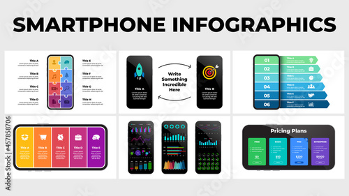 Smartphone infographic template presentation. 6 illustrations. Electronic device mockups. Puzzle banners, arrows, charts and diagrams.