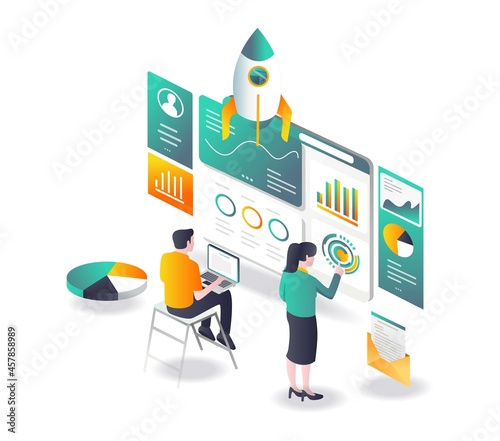 Flat isometric vector illustration data analytics and seo optimisation