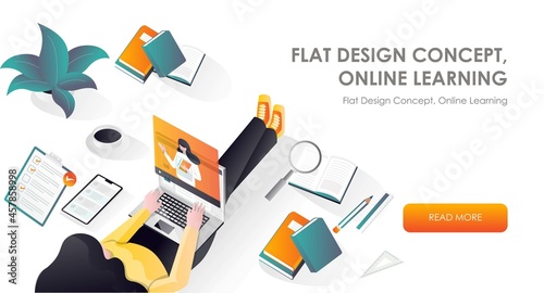 Girl at work and online course in flat design