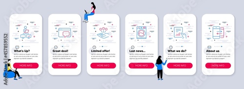 Set of Business icons, such as Seo message, Work home, Consolidation icons. UI phone app screens with teamwork. Washing machine, Document, Phone communication line symbols. Vector