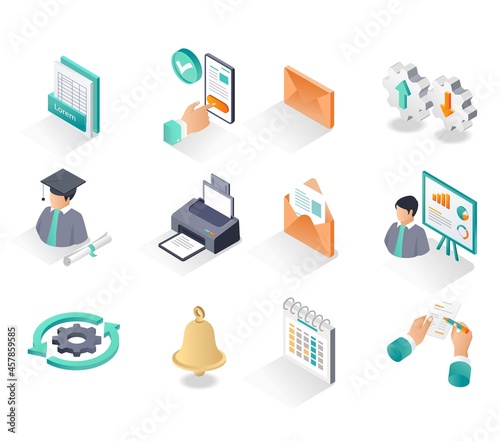 Isometric icon sets. courses study business and education