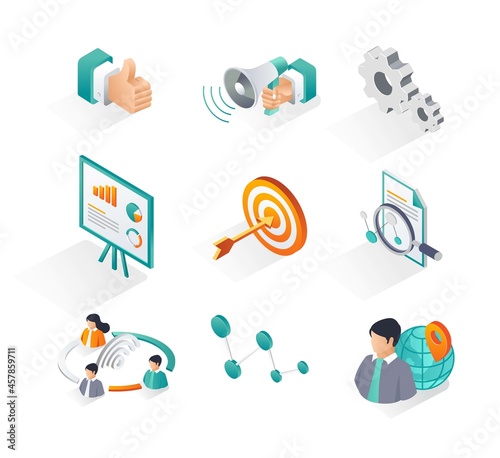 Isometric icon sets. education social media marketing and strategy