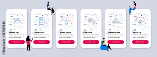 Vector Set of Business icons related to Uv protection, Consulting business and Speedometer icons. UI phone app screens with teamwork. Checklist, Cogwheel and Local grown line symbols. Vector