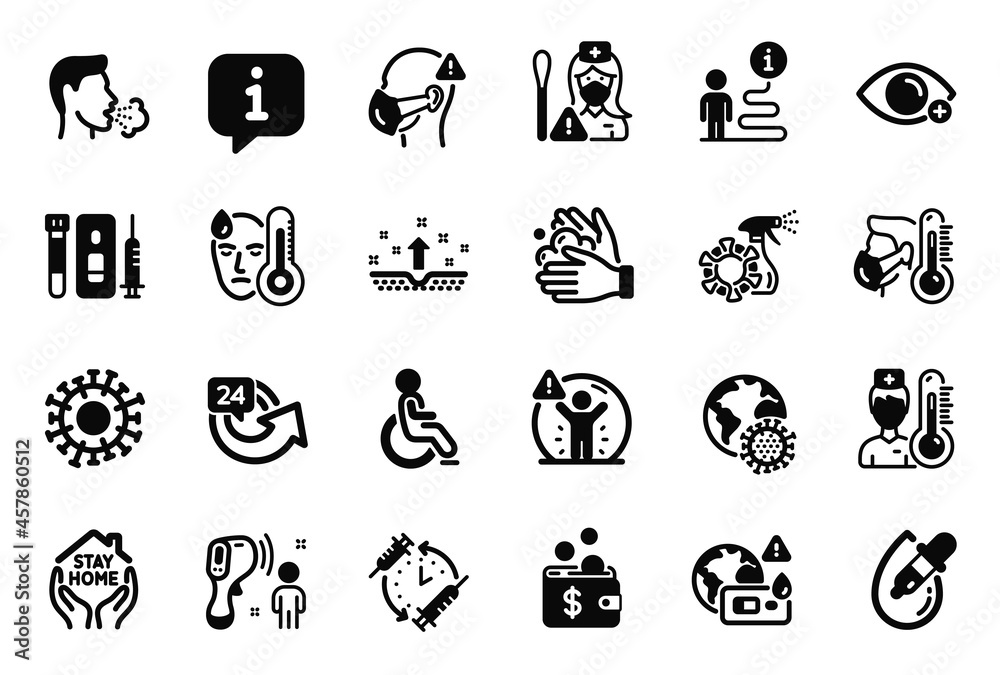 Vector Set of Medical icons related to Coronavirus pandemic, Electronic thermometer and Thermometer icons. Coronavirus, 24 hours and Clean skin signs. Sick man, Farsightedness and Stay home. Vector Vector Set of Medical icons related to Coronavirus pandemic, Electronic thermometer and Thermometer icons. Coronavirus, 24 hours and Clean skin signs. Sick man, Farsightedness and Stay home. Vector