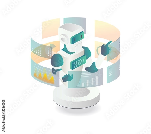Robot is analyzing data in isometric illustration