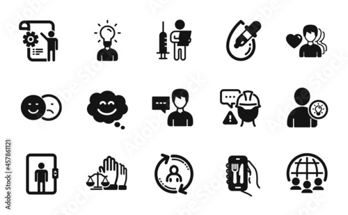 Vector set of Court jury, Global business and Person talk icons simple set. Settings blueprint, User info and Elevator icons. Vaccination announcement, Smile chat and Man love signs. Vector