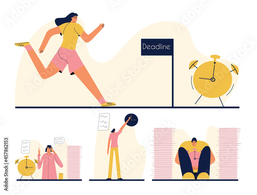 Deadline concept. Man and women are stressed at work. Office saboteurs with a clock. Vector illustration in flat style
